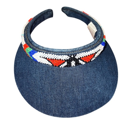 Vintage Denim Beaded Visor Hat – Boho Festival Y2K Retro Southwestern Chic - Picture 4 of 7